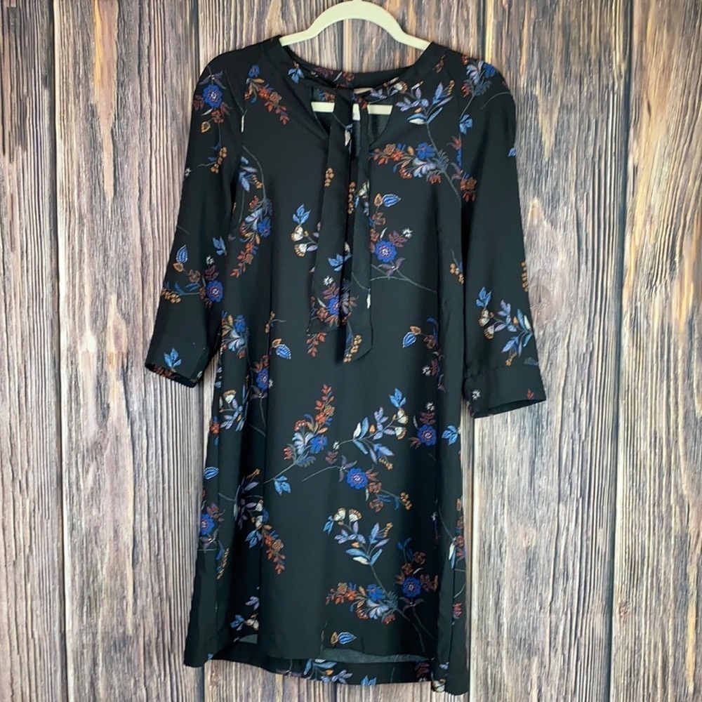 H&M Black Dress W/ 3/4” Sleeves & Multi Colored Floral Print (Size 2)